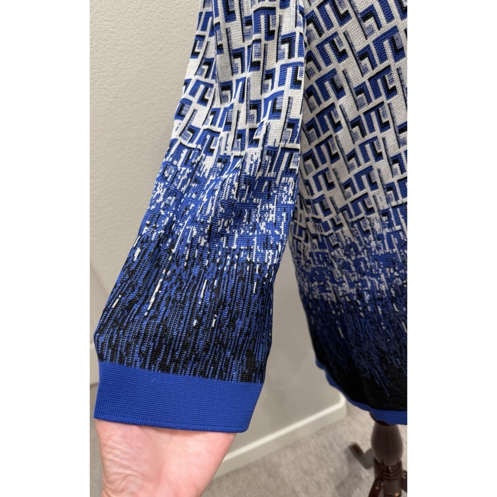 Misook Women's Geometric Knit Cardigan Blue & White Sweater Open Front S - Picture 4 of 6